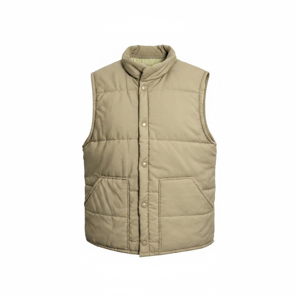 Vintage MBA Puffer Vest Mens Tan Khaki Quilted Snap Front Made in USA Medium